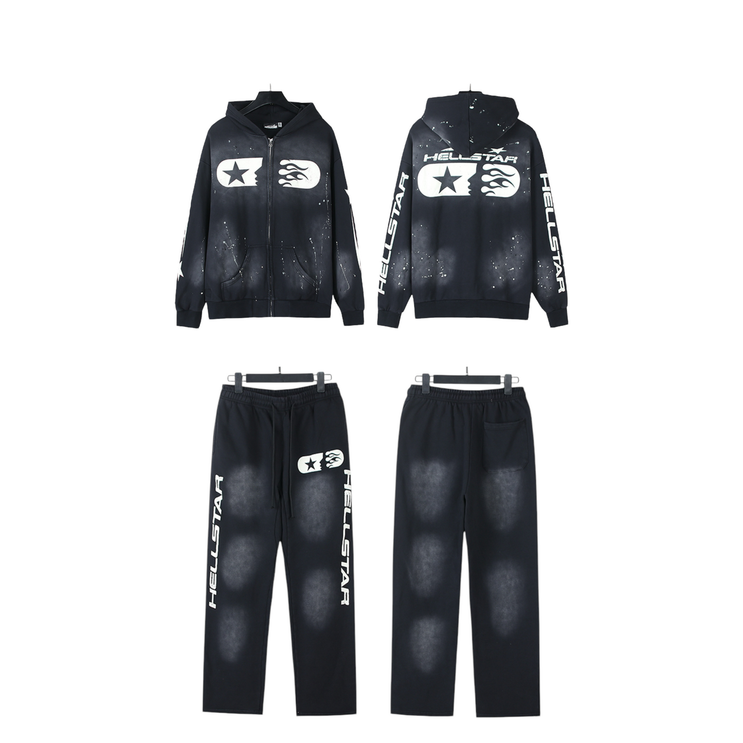 CONJUNTO HELLSTAR DESGASTADO ZIP HOODIE NEGRO