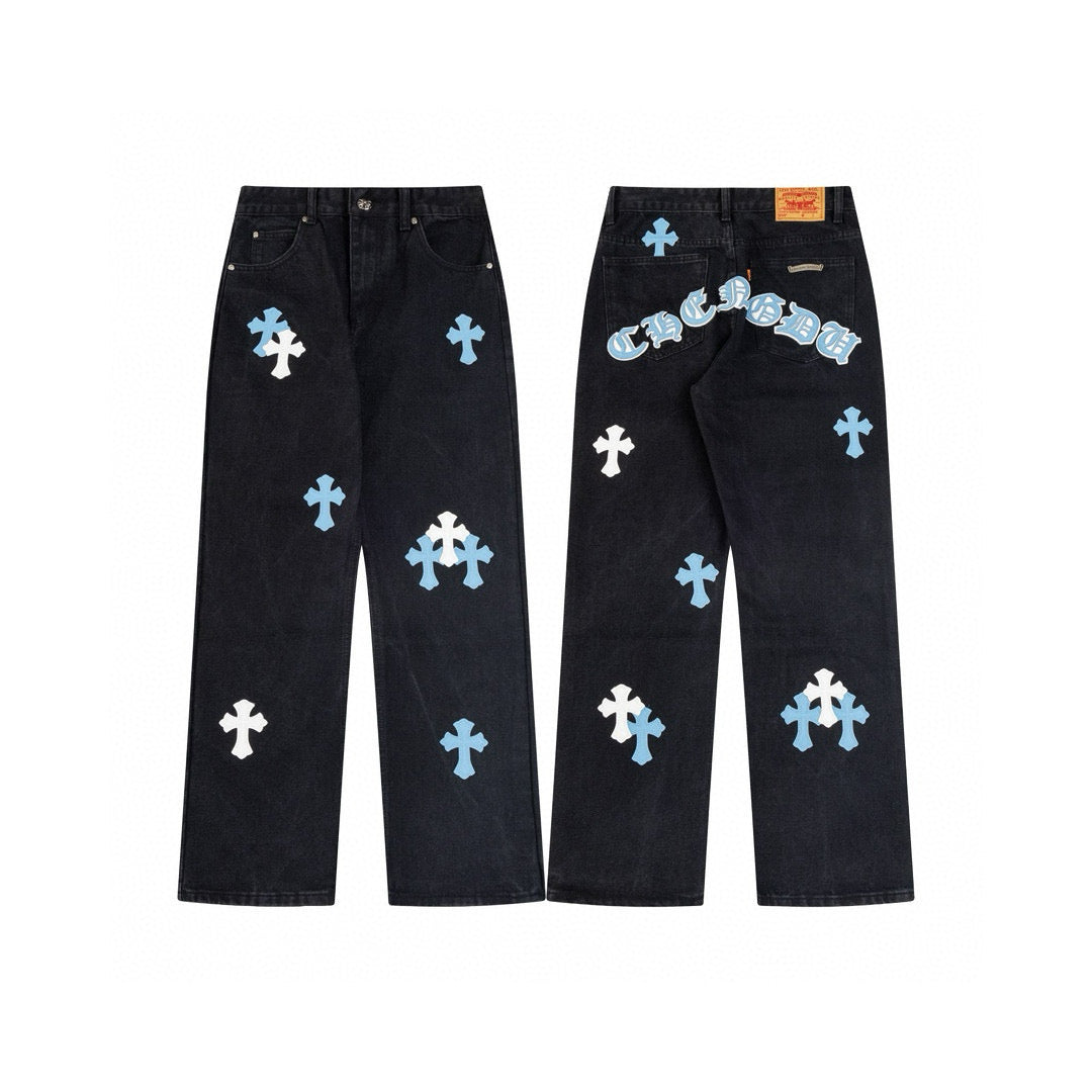 JEAN CHROME HEART NEGRO LOGO TRASERO AZUL