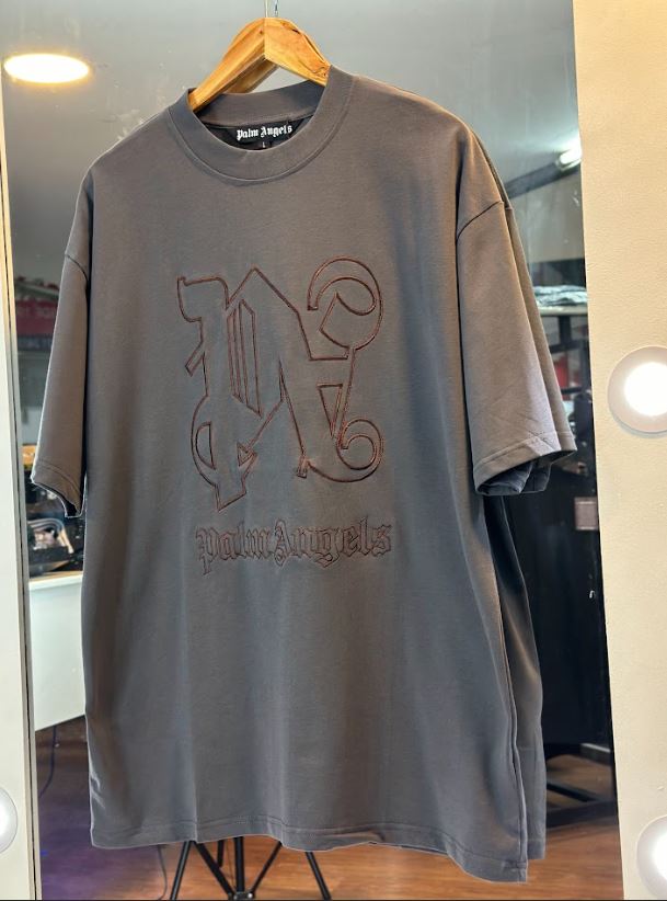 CAMISETA PALM ANGELS GRIS LOGO BORDADO