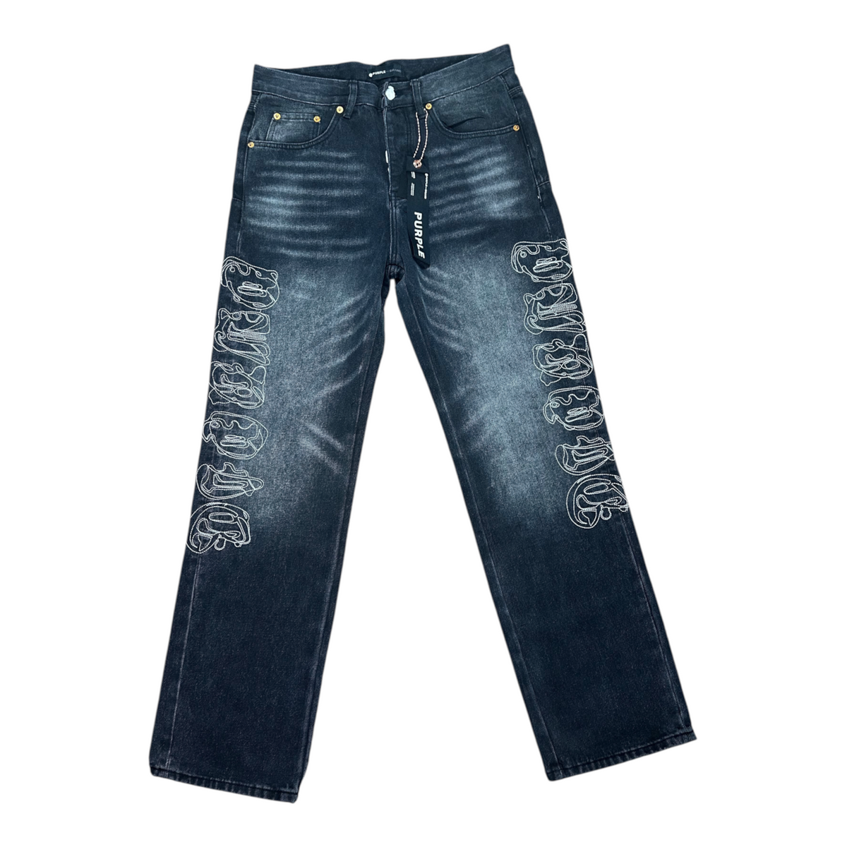 JEAN PURPLE NEGRO DESGASTADO LOGOS LATERALES