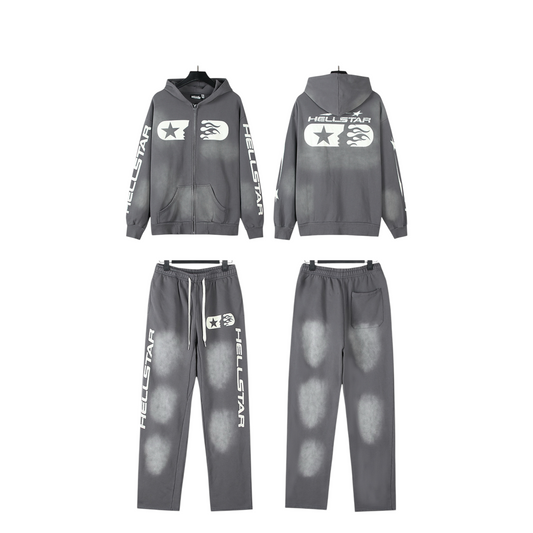 CONJUNTO HELLSTAR DESGASTADO ZIP HOODIE GRIS